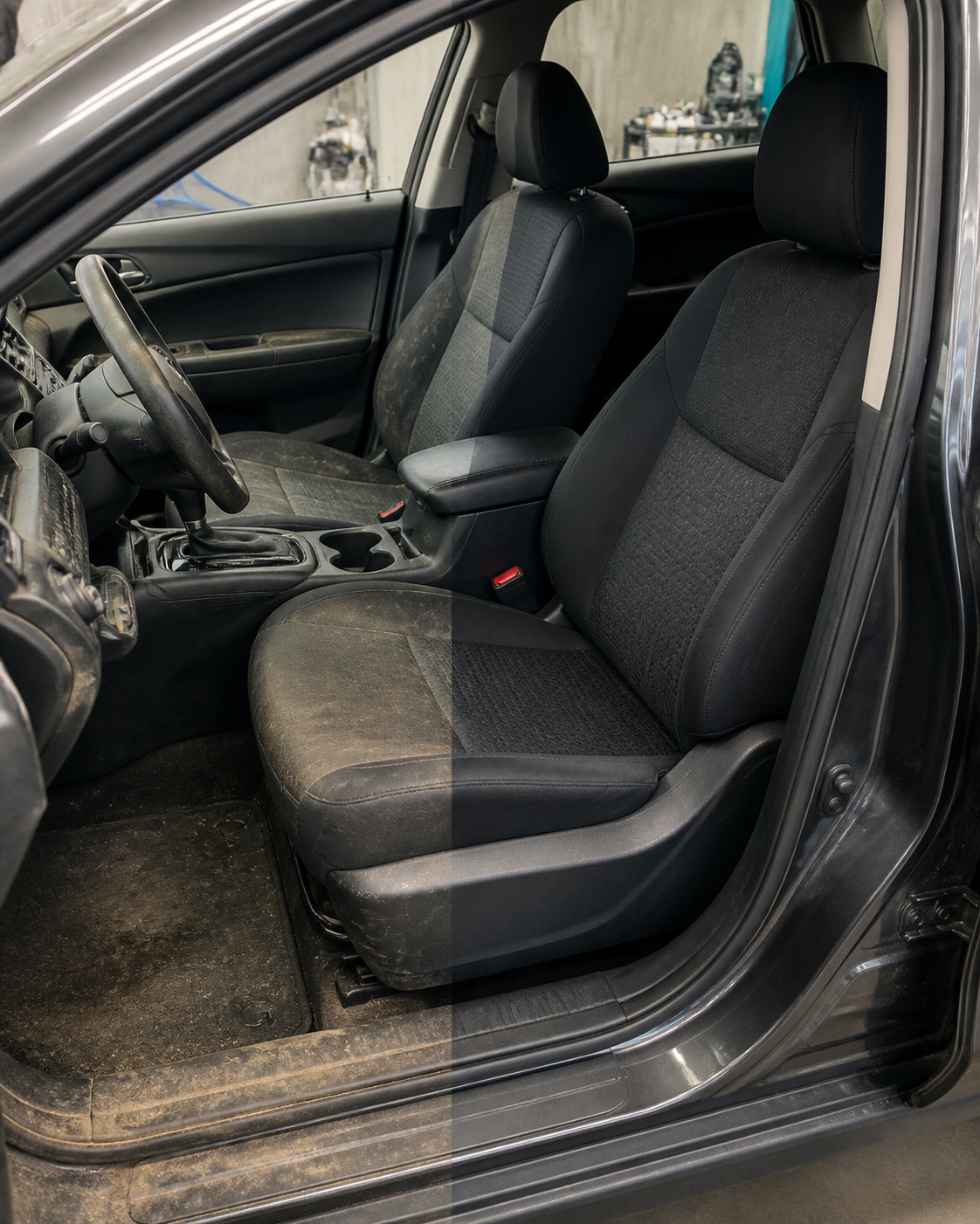Car interior shown before and after professional detailing