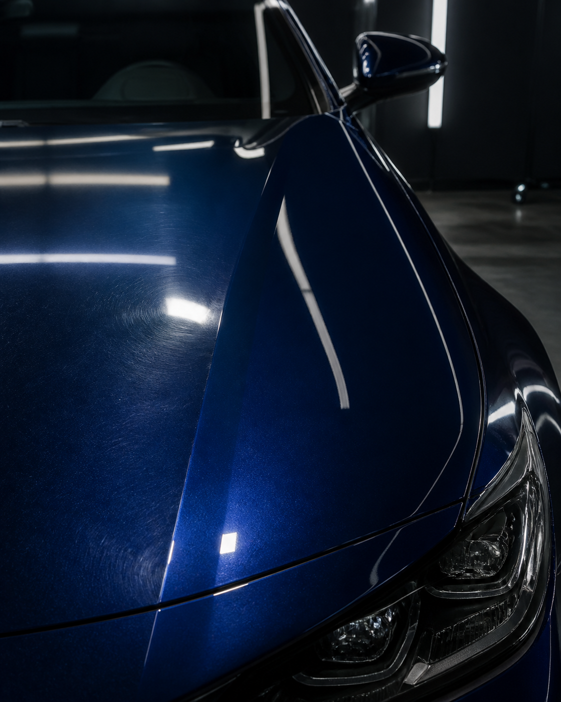 Deep blue paint before and after correction